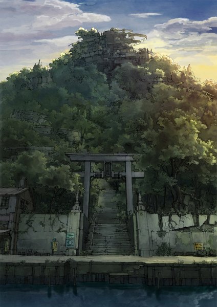 Anime picture 1400x1979 with original k kanehira tall image sky cloud (clouds) landscape ruins gate plant (plants) tree (trees) water building (buildings) stairs