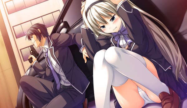 Anime picture 2660x1540 with sinclient hajikano shizuku reesaa long hair blush highres short hair light erotic black hair wide image green eyes game cg white hair pantyshot sitting girl thighhighs boy uniform underwear panties