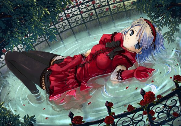 Anime picture 1024x711 with ryoumoto ken blue eyes blue hair girl thighhighs dress gloves flower (flowers) bow black thighhighs petals water hairband rose (roses) red rose
