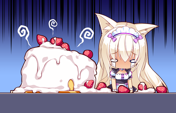 Anime picture 1580x1020 with neko paradise neko works (studio) coconut (sayori) sayori single long hair fringe blonde hair hair between eyes animal ears game cg ahoge cat ears maid cat girl tears chibi sad o o girl