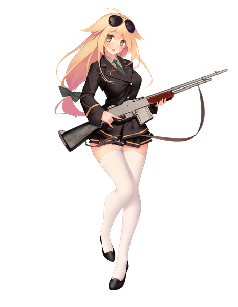 イラスト 1191x1536 と ドールズフロントライン m1918 bar (girls frontline) suisai ソロ 長髪 長身像 カメラ目線 赤面 前髪 開いた口 金髪 hair between eyes 立つ holding 緑の目 payot 全身 アホ毛 仕事絵 絶対領域