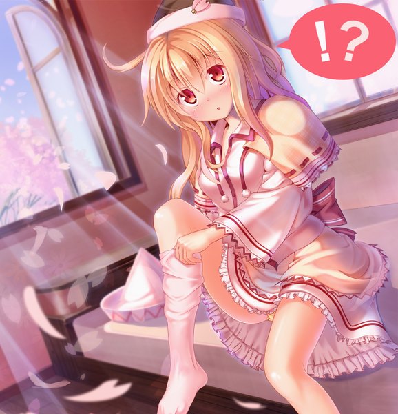 Anime picture 1280x1328 with touhou lily white dragoner single long hair tall image looking at viewer blush light erotic blonde hair red eyes girl thighhighs dress hat petals white thighhighs bed