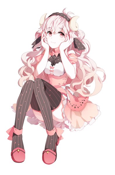 Anime picture 750x1140 with original dasulchan single long hair tall image looking at viewer fringe breasts simple background smile white background sitting pink hair bent knee (knees) pink eyes horn (horns) wavy hair hands on face girl thighhighs