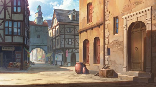 Anime picture 1920x1080 with original dao dao highres wide image shadow no people street building (buildings) clock door tower arch shop clock tower pitcher