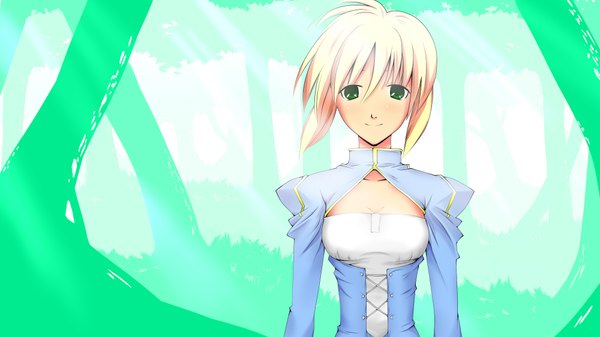 Anime picture 2000x1125 with fate (series) fate/stay night studio deen type-moon artoria pendragon (all) saber single highres blonde hair wide image green eyes girl
