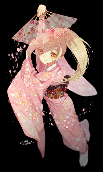 Anime picture 497x829 with dangan ronpa super dangan ronpa 2 saionji hiyoko io (sinking=carousel) single long hair tall image looking at viewer simple background blonde hair smile yellow eyes ponytail from above arms up character names cherry blossoms floral print black background girl