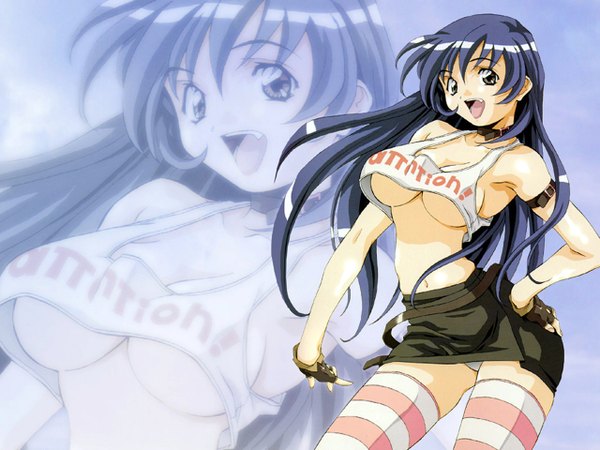Anime picture 1280x960 with open mouth light erotic bare shoulders pantyshot hand on hip underboob girl thighhighs navel miniskirt fingerless gloves collar striped thighhighs