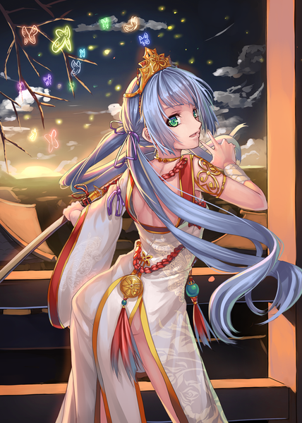 Anime picture 800x1120 with original musynexsk single long hair tall image open mouth green eyes blue hair looking back girl dress hair ornament weapon sword katana insect butterfly
