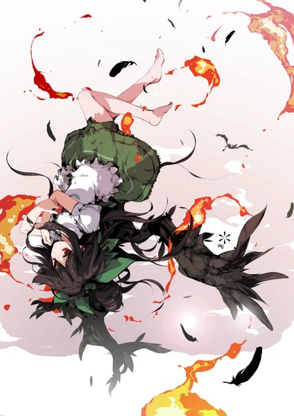 Anime picture 1000x1414 with touhou reiuji utsuho manabi (artist) single long hair tall image black hair red eyes sky barefoot black wings girl skirt bow ribbon (ribbons) hair bow wings feather (feathers) fire blouse