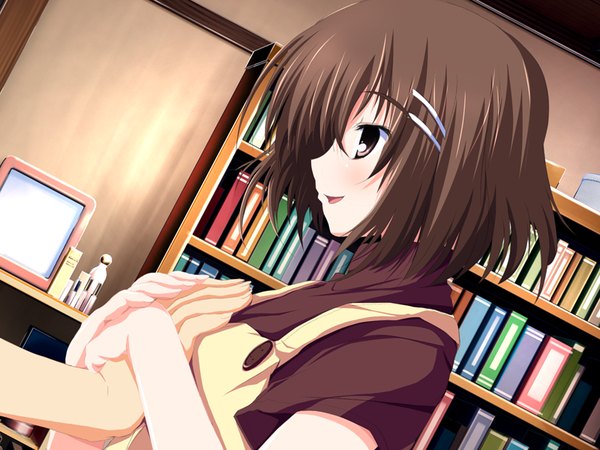 Anime picture 800x600 with tenmaso blush short hair breasts open mouth light erotic brown hair game cg profile black eyes hand on chest girl hair ornament book (books) shelf bookshelf hairpin (hairpins)