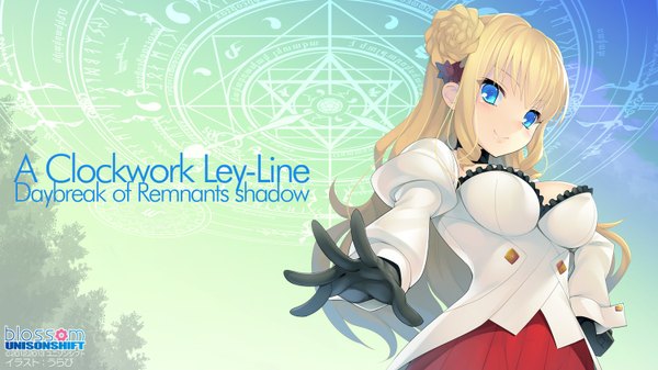 Anime picture 1500x844 with tokeijikake no ley line adelheid ritter von weinberger single long hair looking at viewer blush blue eyes blonde hair smile wide image braid (braids) hand on hip text outstretched arm magic braided bun girl gloves uniform magic circle
