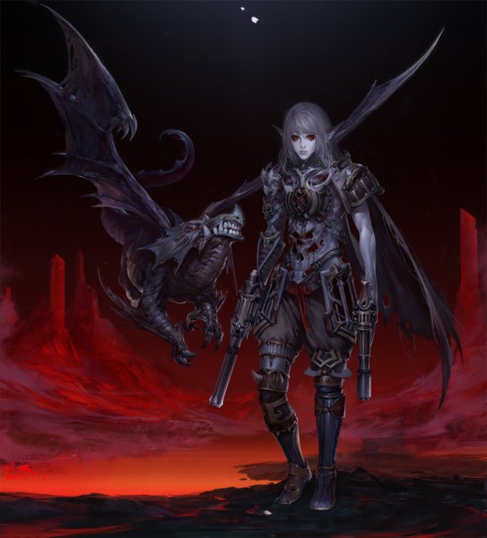 Anime picture 1195x1320 with akira 1208 (artist) tall image short hair red eyes pointy ears grey hair mountain fantasy boy armor gun cloak dragon