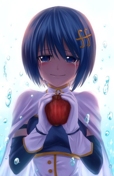 Anime picture 1200x1850 with mahou shoujo madoka magica shaft (studio) miki sayaka chien zero single tall image looking at viewer blush short hair blue eyes smile blue hair tears girl gloves hair ornament elbow gloves bubble (bubbles) fruit apple