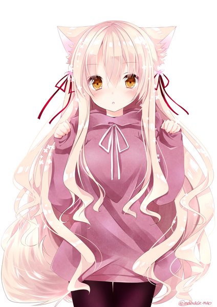 Anime picture 707x1000 with original nanase kureha nanase nao single long hair tall image blush fringe breasts open mouth simple background blonde hair white background signed animal ears yellow eyes cat ears :o paw pose girl