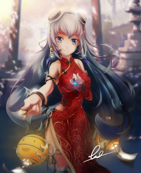 Anime picture 1488x1827 with ryu single long hair tall image blue eyes smile standing bare shoulders signed traditional clothes grey hair sunlight outstretched arm chinese clothes goggles on head girl hair ornament plant (plants) tree (trees) chinese dress