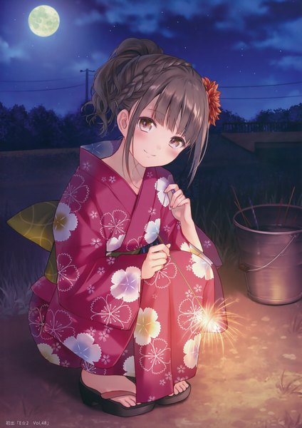 Anime picture 2686x3800 with original fukahire (ruinon) single tall image looking at viewer blush highres short hair smile brown hair brown eyes traditional clothes japanese clothes scan night floral print girl moon yukata power lines