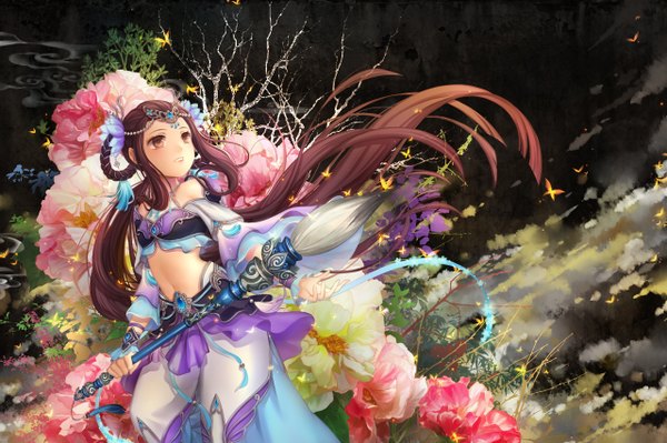Anime picture 1280x852 with original huazha01 single brown hair purple eyes looking away very long hair midriff dark background girl dress hair ornament flower (flowers) insect butterfly paintbrush camellia (flower) calligraphy brush