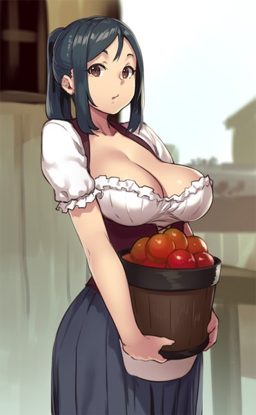 Anime picture 600x969 with original houtengeki single tall image looking at viewer short hair breasts light erotic black hair large breasts brown eyes ponytail traditional clothes german clothes girl dress fruit apple