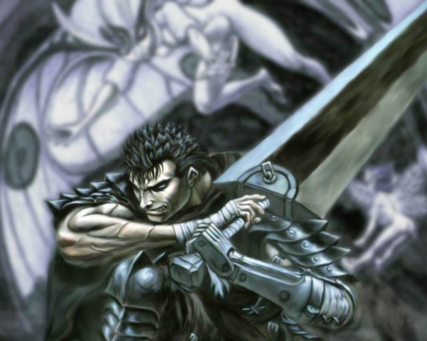 Anime picture 1280x1024 with berserk guts short hair muscle angry boy weapon sword armor