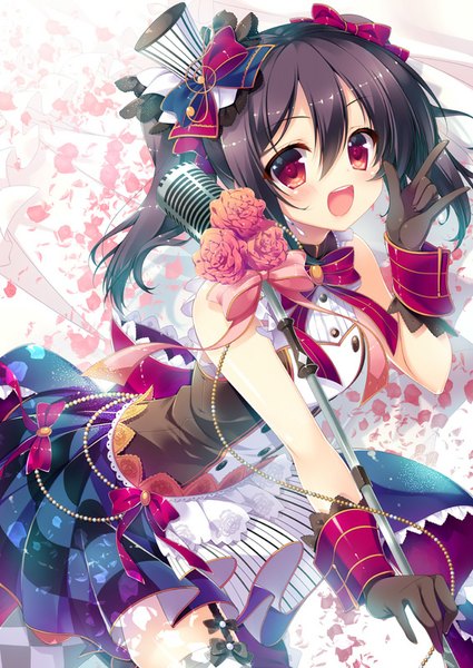 Anime picture 567x800 with love live! school idol project sunrise (studio) love live! yazawa nico mitsumomo mamu single long hair tall image blush open mouth black hair smile red eyes twintails :d mmm girl dress gloves flower (flowers)