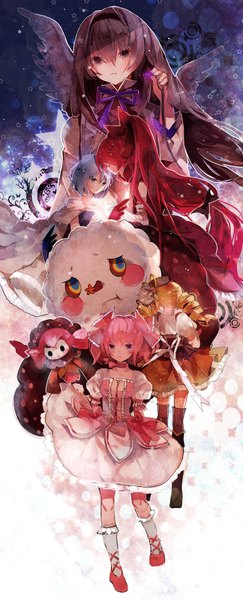 Anime picture 800x1969 with mahou shoujo madoka magica shaft (studio) akemi homura kaname madoka sakura kyouko miki sayaka tomoe mami charlotte (madoka magica) susu (artist) long hair tall image blush short hair blue eyes black hair blonde hair twintails multiple girls blue hair pink hair