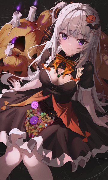 Anime picture 3000x5000 with original hansul single long hair tall image looking at viewer blush fringe highres breasts light erotic sitting purple eyes silver hair blunt bangs from above arm support short sleeves one side up halloween