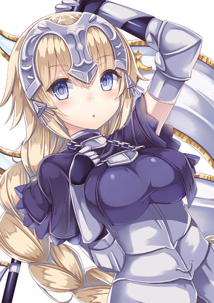 Anime picture 600x849 with fate (series) fate/grand order fate/stay night artoria pendragon (all) saber jeanne d'arc (fate) (all) jeanne d'arc (fate) yuzu-aki single long hair tall image looking at viewer blush fringe breasts blue eyes simple background blonde hair hair between eyes large breasts