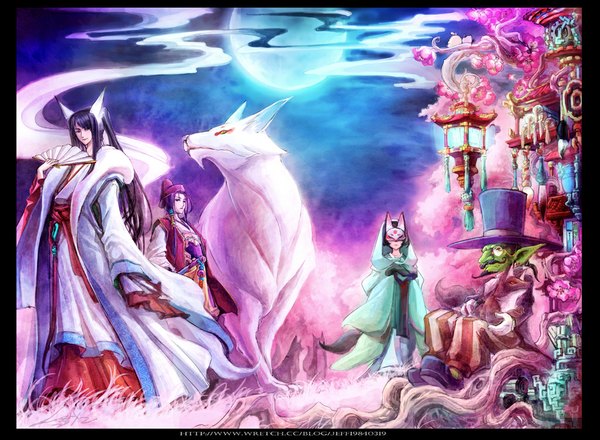 Anime picture 1024x751 with loiza long hair short hair black hair multiple girls purple hair ponytail traditional clothes japanese clothes pointy ears black eyes green skin girl 3 girls moon full moon fan beard mustache monocle