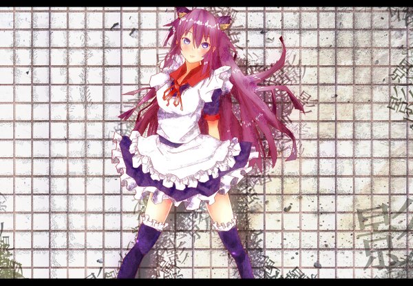 Anime picture 2500x1731 with bakemonogatari shaft (studio) monogatari (series) senjougahara hitagi ryouma (galley) single long hair looking at viewer blush fringe highres blue eyes hair between eyes animal ears purple hair maid cat girl kemonomimi mode nekomimi mode girl