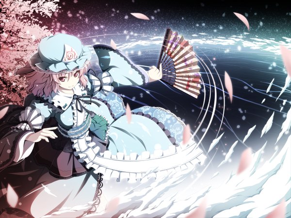 Anime picture 1290x968 with touhou saigyouji yuyuko akashio (loli ace) single short hair pink hair cloud (clouds) pink eyes cherry blossoms girl dress petals frills bonnet fan