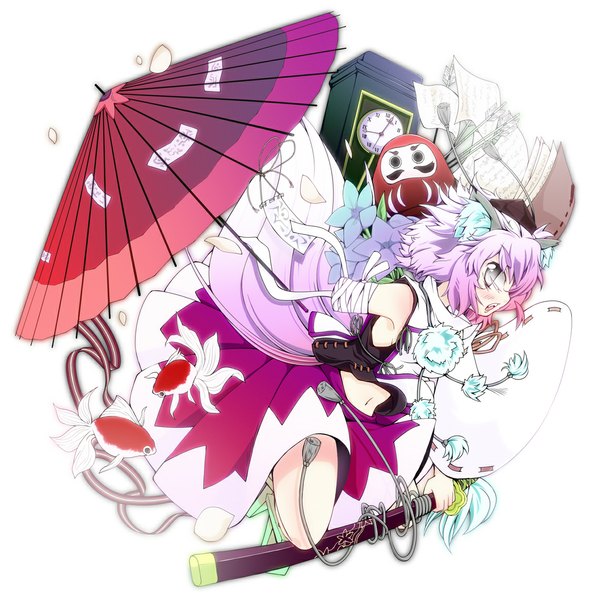 Anime picture 1119x1141 with touhou inubashiri momiji kurotaru single tall image short hair white background animal ears pink hair purple hair tail midriff grey eyes wolf ears wolf tail amputee girl skirt navel weapon