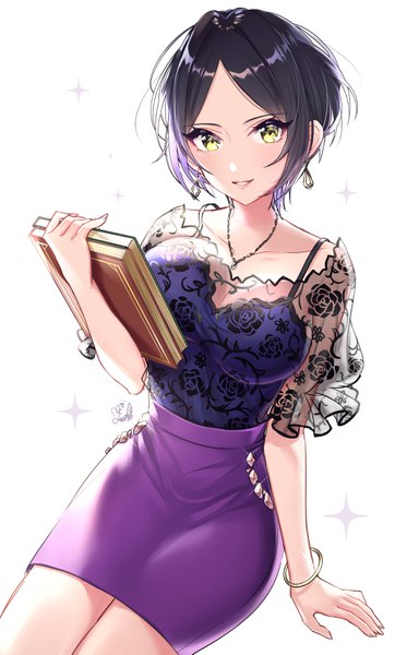 Anime picture 2205x3541 with idolmaster idolmaster cinderella girls hayami kanade mairo (ilo) single tall image looking at viewer blush fringe highres short hair breasts black hair simple background smile large breasts white background sitting holding signed