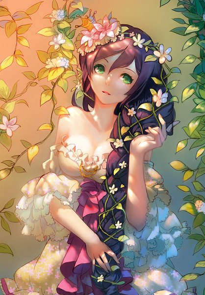 Anime picture 601x862 with love live! school idol project sunrise (studio) love live! toujou nozomi minhoo single long hair tall image looking at viewer green eyes purple hair hair flower girl dress flower (flowers)