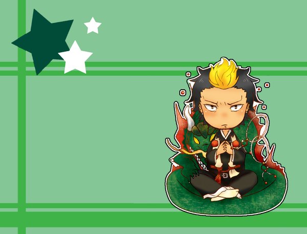 Anime picture 1500x1144 with ao no exorcist a-1 pictures suguro ryuuji short hair black hair blonde hair brown eyes multicolored hair two-tone hair chibi green background animal star (symbol) dragon