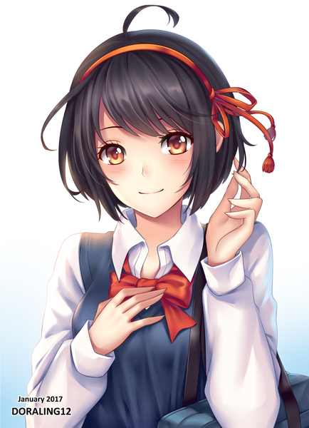 Anime picture 1024x1415 with kimi no na wa miyamizu mitsuha ling (doraling12) single tall image looking at viewer blush fringe short hair black hair smile yellow eyes upper body ahoge gradient background hand on chest girl uniform ribbon (ribbons) hair ribbon