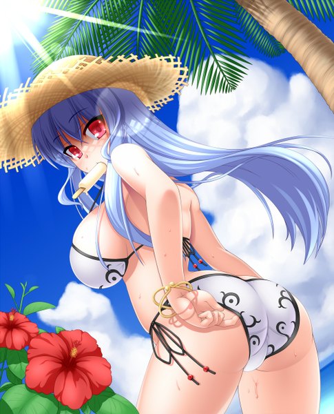 Anime picture 1050x1300 with touhou hinanawi tenshi john (nakoto) long hair tall image light erotic red eyes blue hair looking back mouth hold girl flower (flowers) swimsuit hat bikini food sweets ice cream straw hat