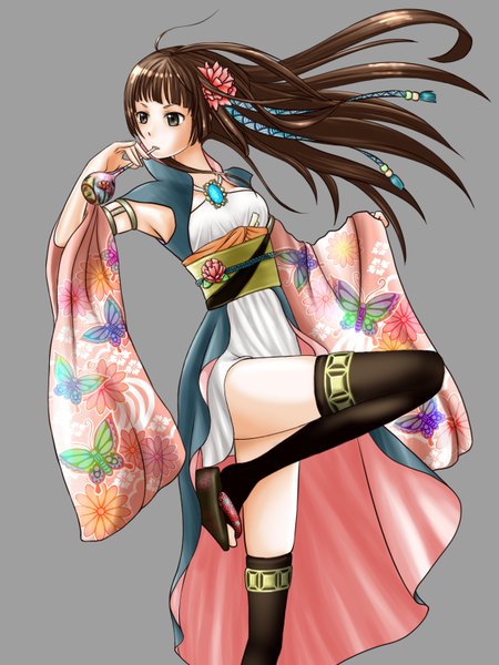 Anime picture 1200x1600 with original hakuda tofu single long hair tall image brown hair traditional clothes japanese clothes black eyes grey background girl thighhighs hair ornament black thighhighs detached sleeves obi