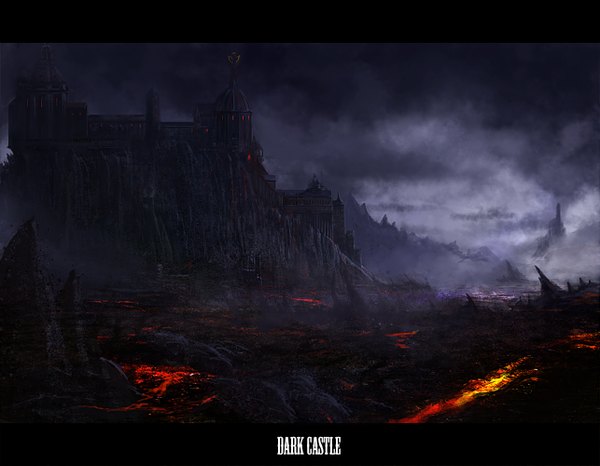 Anime picture 1286x1000 with original ichiro matsura cloud (clouds) night dark background smoke mountain landscape rock lava fire castle cliff molten rock