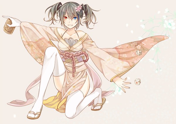 Anime picture 1753x1239 with utau toudou charo highres short hair black hair smile twintails bare shoulders traditional clothes japanese clothes heterochromia short twintails girl thighhighs white thighhighs kimono
