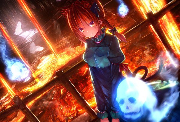 Anime picture 1468x1000 with touhou kaenbyou rin ryosios long hair smile purple eyes animal ears red hair tail braid (braids) animal tail cat ears cat tail dutch angle twin braids multiple tails extra ears ghost lava girl
