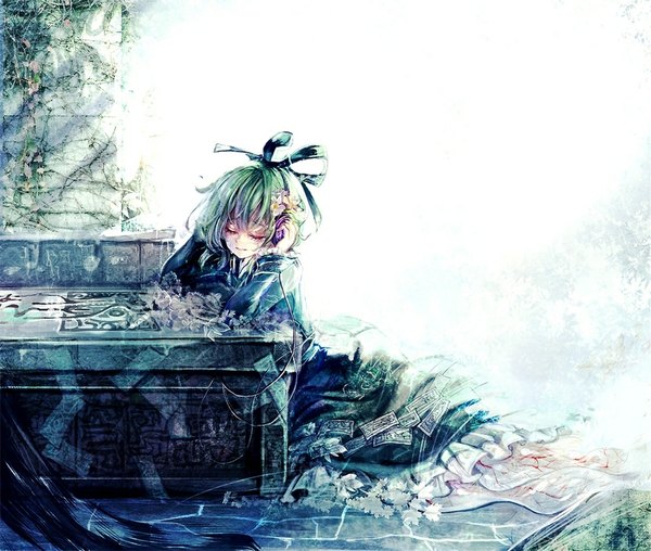 Anime picture 1074x911 with touhou soga no tojiko cis (carcharias) single short hair sitting green eyes eyes closed light smile girl dress bow plant (plants) hair bow headphones wire (wires) teardrop