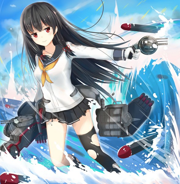Anime picture 1000x1021 with kantai collection isokaze destroyer konka single long hair tall image looking at viewer black hair red eyes light smile tress ribbon girl thighhighs skirt gloves ribbon (ribbons) weapon hair ribbon miniskirt water