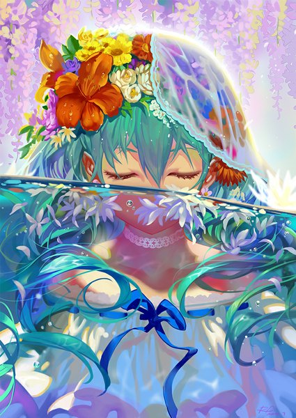 Anime picture 709x1000 with vocaloid hatsune miku alphonse (white datura) single long hair tall image signed eyes closed hair flower aqua hair girl hair ornament flower (flowers) ribbon (ribbons) water veil wisteria