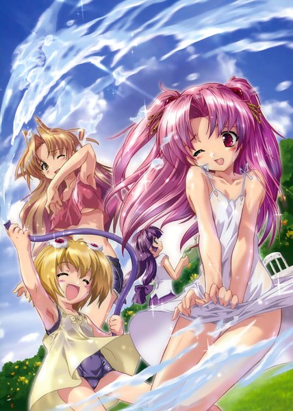 Anime picture 960x1346 with maburaho j.c. staff miyama yuuna kamishiro rin kazetsubaki kuriko kurioka maiho komatsu eiji long hair tall image blush short hair open mouth light erotic blonde hair red eyes multiple girls brown eyes pink hair purple hair one eye closed