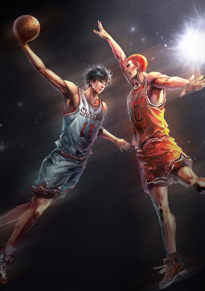 Anime picture 846x1200 with slam dunk (series) sakuragi hanamichi rukawa kaede fooltown tall image short hair open mouth black hair simple background bare shoulders red hair profile grey background multiple boys outstretched arm muscle jumping clothes writing basketball playing sports