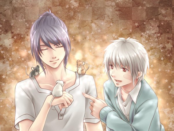 Anime picture 1024x768 with no.6 studio bones nezumi (no.6) shion (no.6) v-sil short hair open mouth red eyes purple hair eyes closed green hair multiple boys pointing checkered background boy animal star (symbol) 2 boys mouse