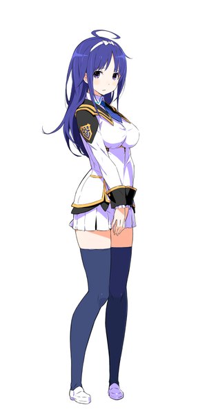 Anime picture 2000x4000 with conception: ore no kodomo wo undekure! conception 2 narika shina ootsuka shin'ichirou single long hair tall image looking at viewer fringe highres breasts simple background large breasts standing white background purple eyes blue hair ahoge parted lips pleated skirt