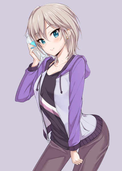 Anime picture 600x840 with idolmaster idolmaster cinderella girls anastasia (idolmaster) kisugi akira single tall image looking at viewer blush fringe short hair blue eyes simple background smile standing holding silver hair open clothes open jacket sweat arched back