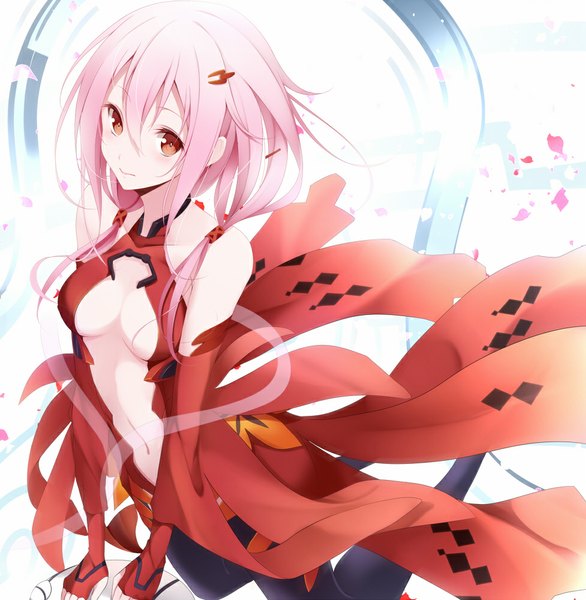 Anime picture 977x1000 with guilty crown production i.g yuzuriha inori kisaichi jin single long hair tall image blush breasts light erotic pink hair cleavage orange eyes center opening girl dress navel petals hairclip red dress