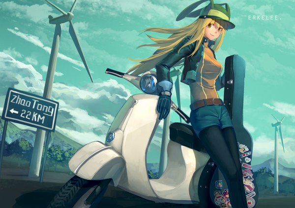 Anime picture 2000x1414 with original erkelee single long hair highres blonde hair yellow eyes sky cloud (clouds) open clothes open jacket girl gloves jacket shorts flat cap windmill wind turbine scooter